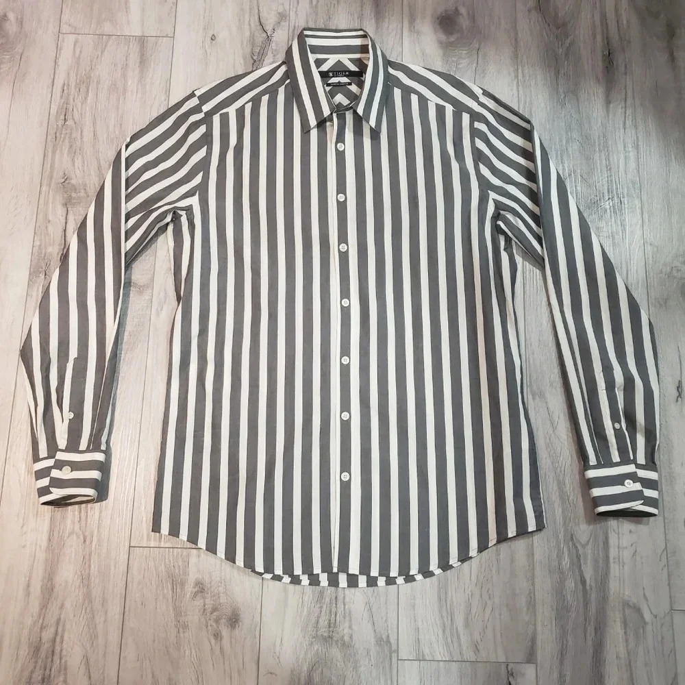 Tiger  of Sweden Gray/White Striped Mens Cotton Long Sleeved Shirt Size 42